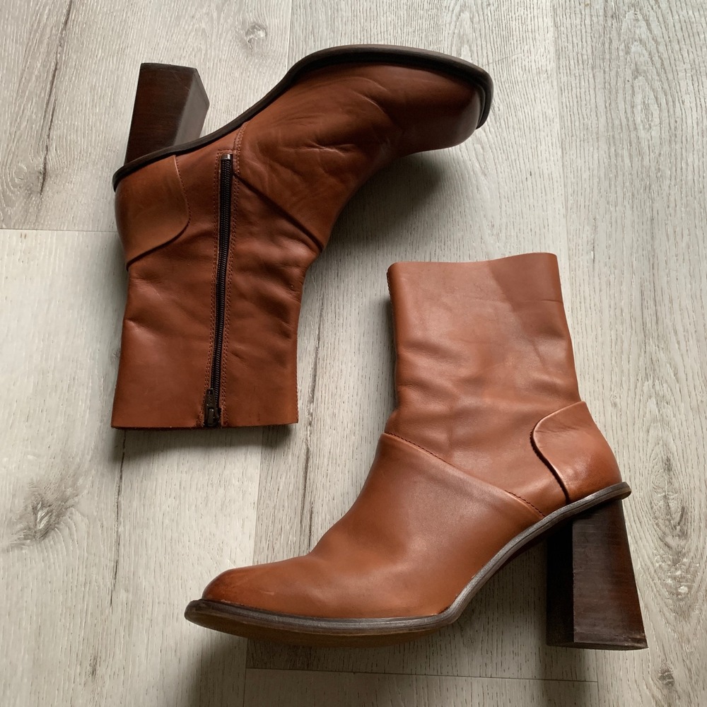 Cognac Leather Square Toe Ankle Boots Chunky‎ Block Heel Brown Zip Up Boots 10